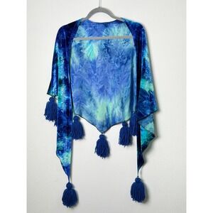 Boho Tie Dye Velvet Cape Shawl Tassel Blue Green